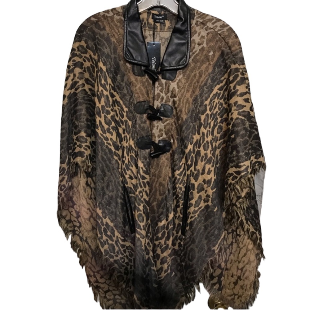 Tolina size large leopard print cape /shawl with toggle button, leather trim